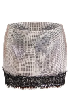 Petite Silver Lace Detail Chainmail Mini Skirt