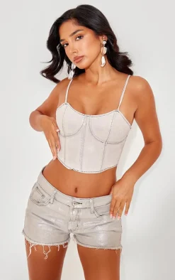 Petite Silver Metallic Denim Corset Top