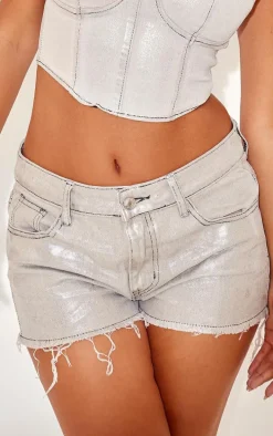 Petite Silver Metallic Denim Frayed Hem Shorts