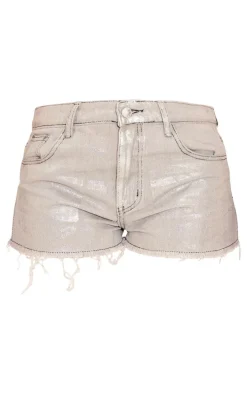 Petite Silver Metallic Denim Frayed Hem Shorts