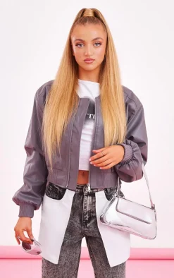 Petite Silver Metallic Oversized Bomber Jacket