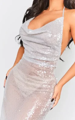 Petite Silver Sequin Backless Maxi Dress
