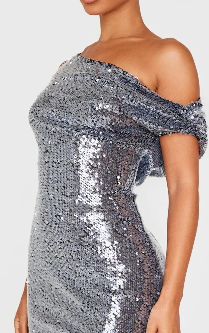 Petite Silver Sheer Sequin Twist Detail Side Split Maxi Dress