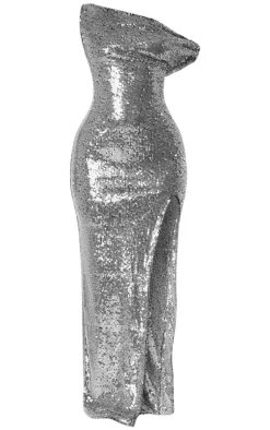 Petite Silver Sheer Sequin Twist Detail Side Split Maxi Dress