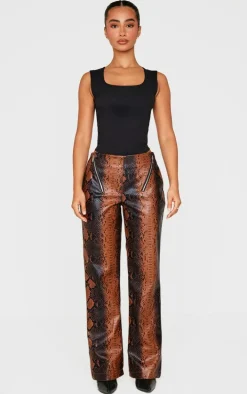 Petite Snake Print Faux Leather Zip Detail Low Rise Wide Leg Pants