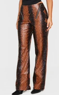 Petite Snake Print Faux Leather Zip Detail Low Rise Wide Leg Pants