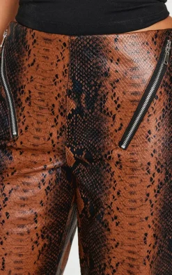 Petite Snake Print Faux Leather Zip Detail Low Rise Wide Leg Pants
