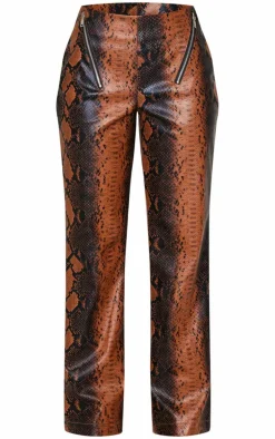 Petite Snake Print Faux Leather Zip Detail Low Rise Wide Leg Pants
