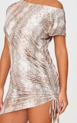 Petite Snake Print Off The Shoulder Double Layer Mini Dress