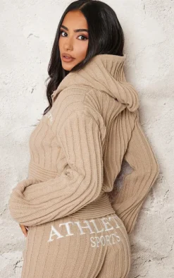 Petite Stone Athletic Sport Embroidered Knit Zip Up Cropped Cardigan