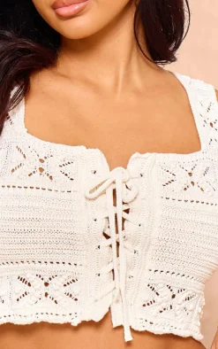 Petite Stone Crochet Tie Front Detail Crop Top