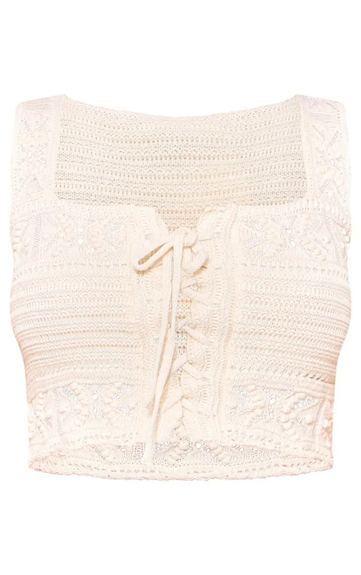 Petite Stone Crochet Tie Front Detail Crop Top