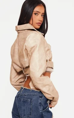 Petite Stone Faux Leather Super Cropped Belted Biker Jacket