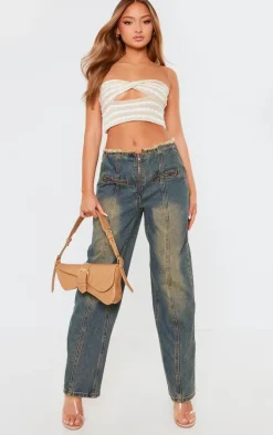 Petite Stone Knit Twist Front Stripe Crop Top