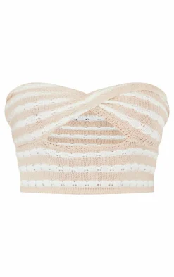 Petite Stone Knit Twist Front Stripe Crop Top