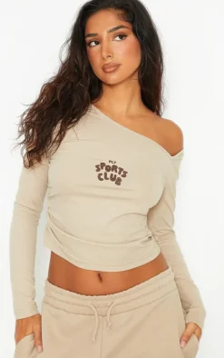 Petite Stone Long Sleeve Scoop Logo Ruched Top