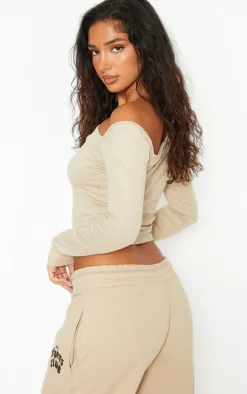 Petite Stone Long Sleeve Scoop Logo Ruched Top