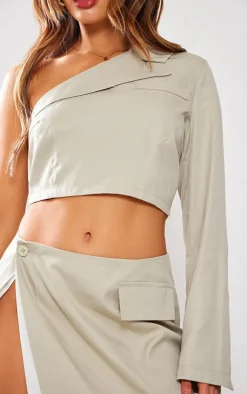 Petite Stone One Shoulder Woven Crop Top