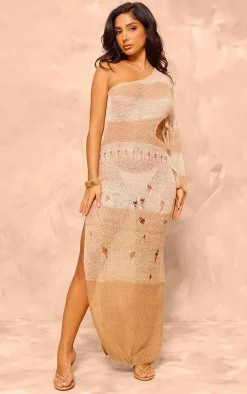 Petite Stone One Sleeve Open Knit Maxi Dress