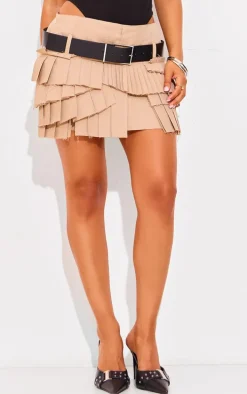Petite Stone Pleated Asymmetric Belted Mini Skirt