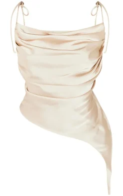 Petite Stone Satin Ruched Asymmetric Strappy Top
