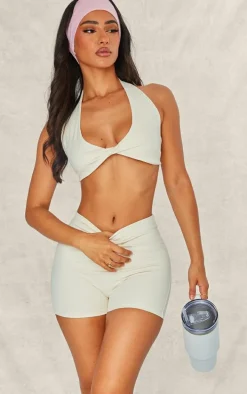 Petite Stone Snatched Sculpt Halterneck Twist Front Crop Top