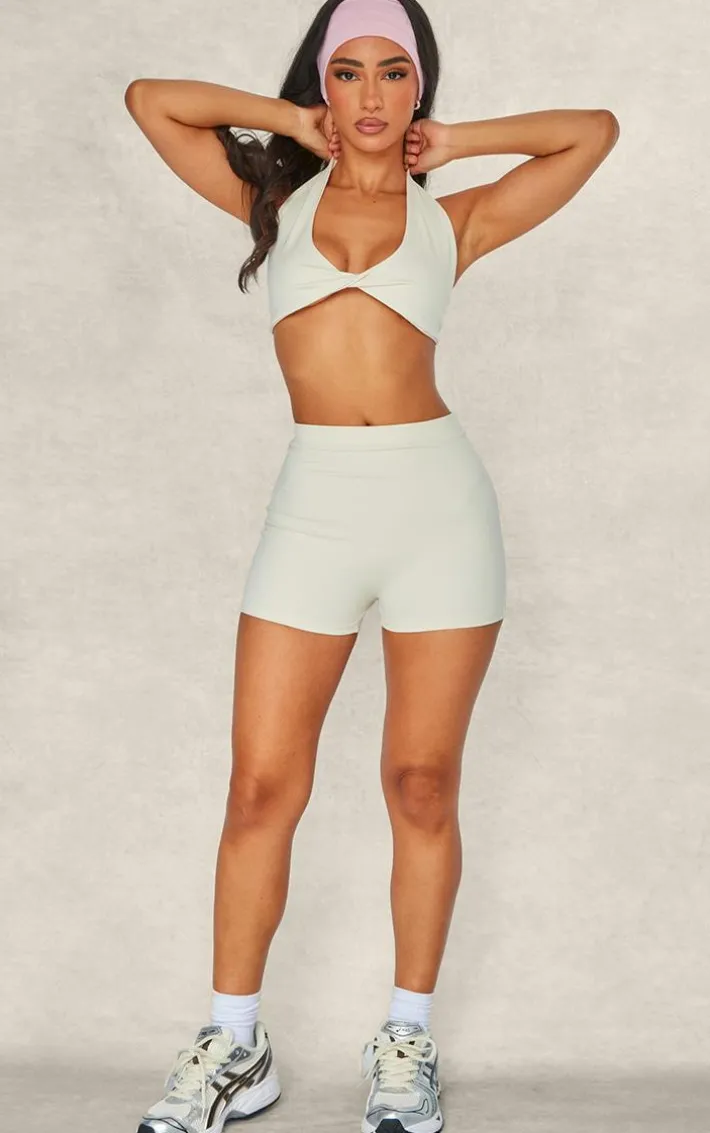 Petite Stone Snatched Sculpt Halterneck Twist Front Crop Top