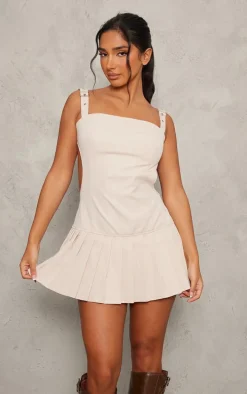 Petite Stone Strappy Cut Out Back Pleated Mini Dress