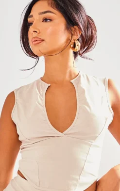 Petite Stone Stretch Woven Plunge Seam Top