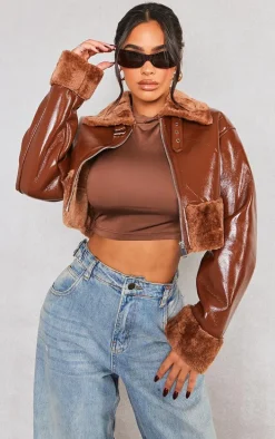 Petite Tan Faux Fur Trim Buckle Collar Vinyl Cropped Jacket