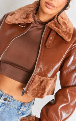 Petite Tan Faux Fur Trim Buckle Collar Vinyl Cropped Jacket