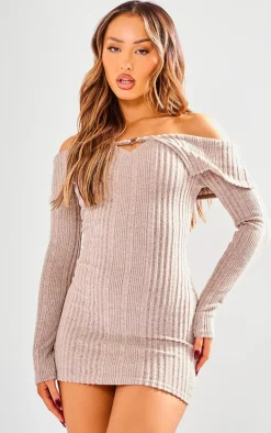 Petite Taupe Brushed Rib Fold Over Mini Dress