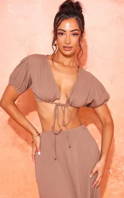 Petite Taupe Cheesecloth Tie Front Crop Top