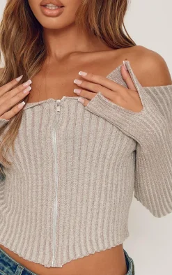 Petite Taupe Contrast Knit Fold Over Zip Top