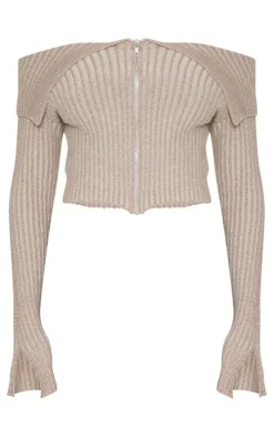 Petite Taupe Contrast Knit Fold Over Zip Top