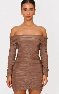 Petite Taupe Double Slinkly Asymmetric Bardot Ruched Mini Dress