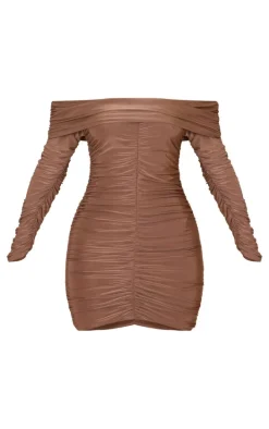 Petite Taupe Double Slinkly Asymmetric Bardot Ruched Mini Dress