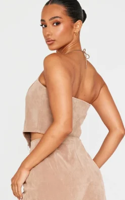 Petite Taupe Faux Suede Lace Up Corset Top