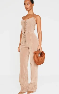 Petite Taupe Faux Suede Lace Up Corset Top