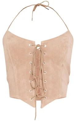 Petite Taupe Faux Suede Lace Up Corset Top