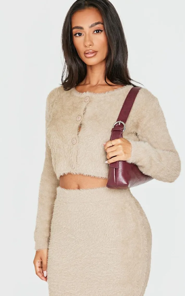Petite Taupe Fluffy Knit Cropped Cardigan