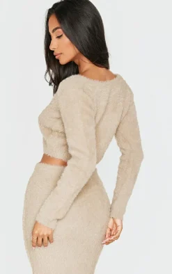 Petite Taupe Fluffy Knit Cropped Cardigan