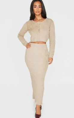 Petite Taupe Fluffy Knit Cropped Cardigan