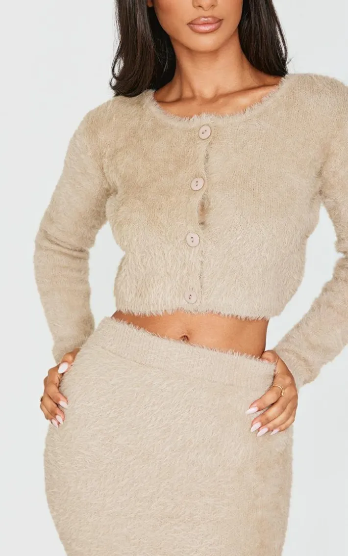 Petite Taupe Fluffy Knit Cropped Cardigan