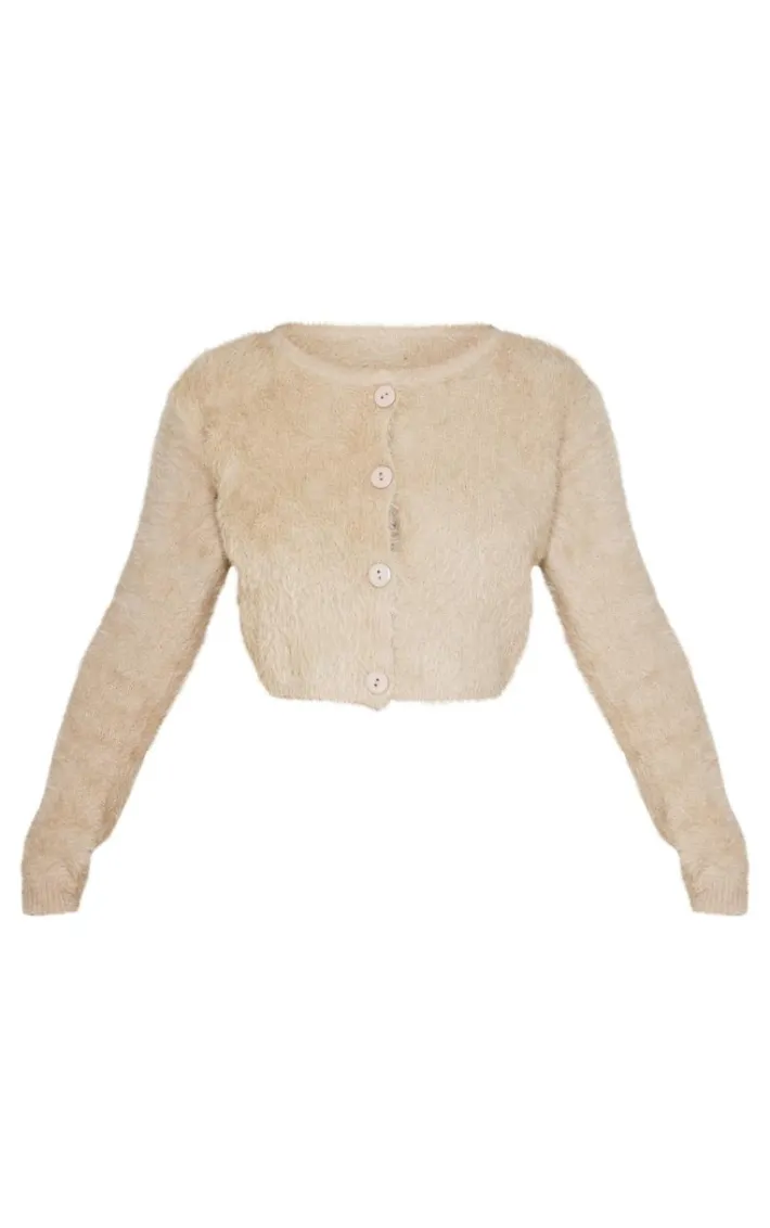 Petite Taupe Fluffy Knit Cropped Cardigan