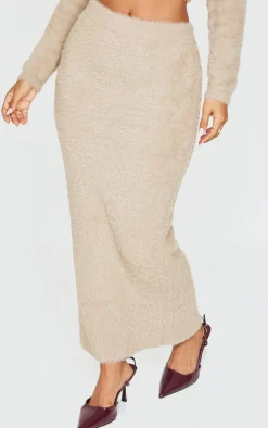 Petite Taupe Fluffy Knit Low Waist Maxi Skirt
