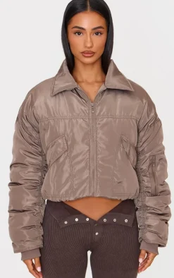 Petite Taupe Ruched Sleeve Bomber Jacket
