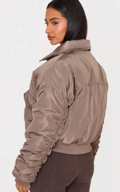 Petite Taupe Ruched Sleeve Bomber Jacket