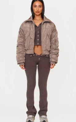 Petite Taupe Ruched Sleeve Bomber Jacket