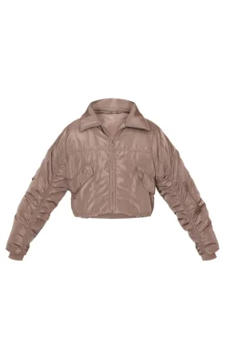 Petite Taupe Ruched Sleeve Bomber Jacket